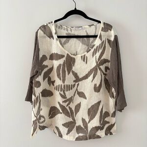 Luukaa Linen Printed Blouse 3/4 Sleeve Top Leaf Palm Tree Floral Lightweight